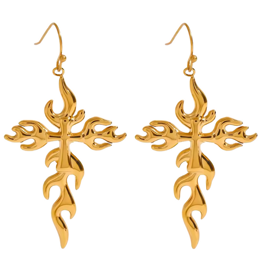 Flaming Cross Dangling Earrings - Pair - 18k Gold Plated Stainless Steel