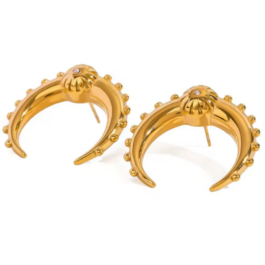 Ball Lined Crescent Moon Shaped Earrings - Pair - Gold Plated Stainless Steel