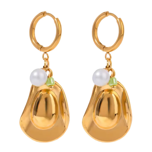Cowboy Hats and Beaded Charms Dangling Huggie Hoop Earrings - Pair - Gold Plated Stainless Steel