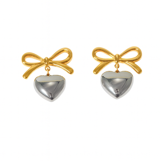 Two Tone Bow with Dangling Heart Earrings - Pair - Stainless Steel