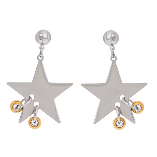 Two Tone Hoop Pierced Star Dangling Earrings - Pair - Stainless Steel