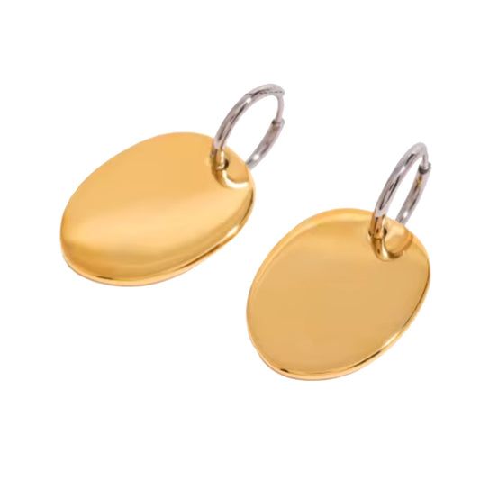 Two Tone Dangling Disc Huggie Hoop Earrings - Pair - Stainless Steel