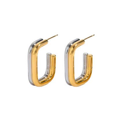 Two Tone Rectangular Double Hoop Earrings - Pair - Stainless Steel