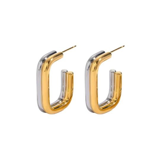 Two Tone Rectangular Double Hoop Earrings - Pair - Stainless Steel
