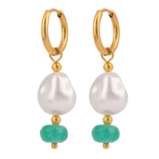 Synthetic Pearl and Aqua Bead Dangling Huggie Hoop Earrings - Pair - Gold Plated Stainless Steel