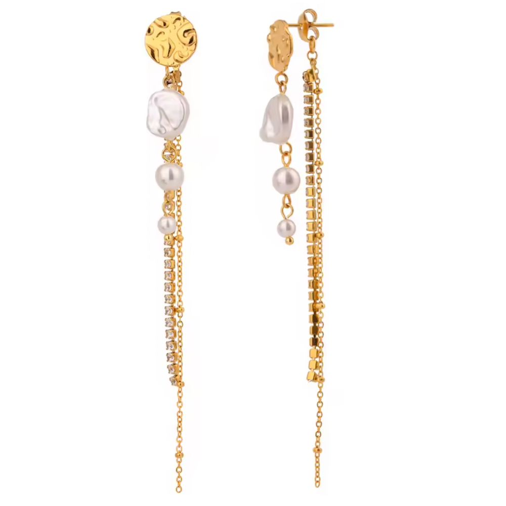 Synthetic Pearl and CZ Crystal Chain Drop Earrings - Pair - Gold Plated Stainless Steel