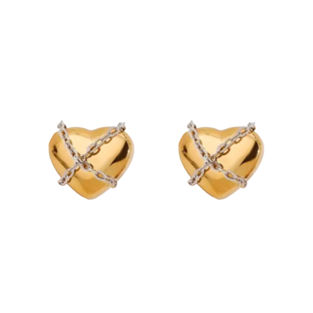 Two Tone Chained Heart Stud Earrings - Pair - Stainless Steel