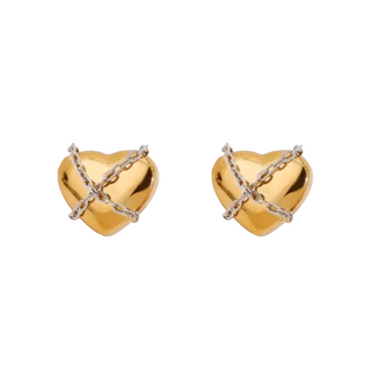 Two Tone Chained Heart Stud Earrings - Pair - Stainless Steel