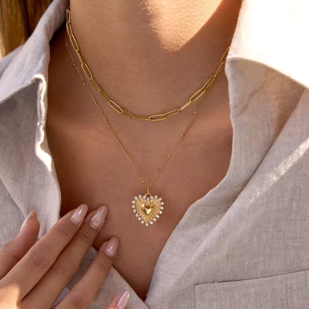 Crystal Lined Heart Pendant Necklace - 18k Gold Plated Stainless Steel