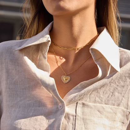 Crystal Lined Heart Pendant Necklace - 18k Gold Plated Stainless Steel