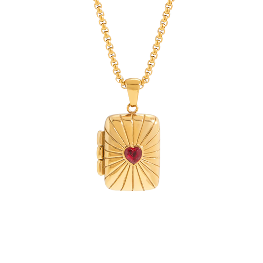 Red Heart Book Locket Pendant Necklace - 18k Gold Plated Stainless Steel