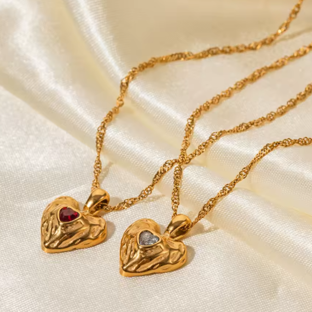 Crystal Heart Pendant Necklace - Gold Plated Stainless Steel