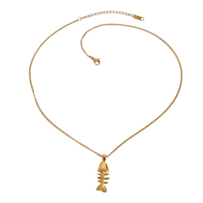 Fishbone Pendant Necklace - 18K Gold PVD Plated Stainless Steel