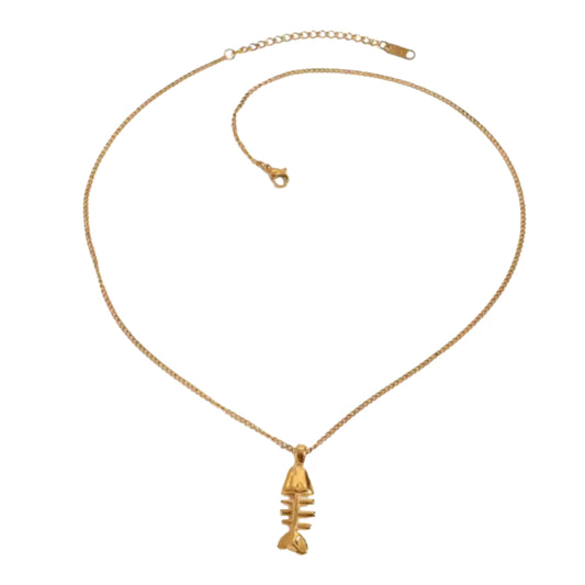 Fishbone Pendant Necklace - 18K Gold PVD Plated Stainless Steel