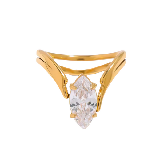 Marquise Shaped Zircon Crystal V-Shaped Ring - Stainless Steel