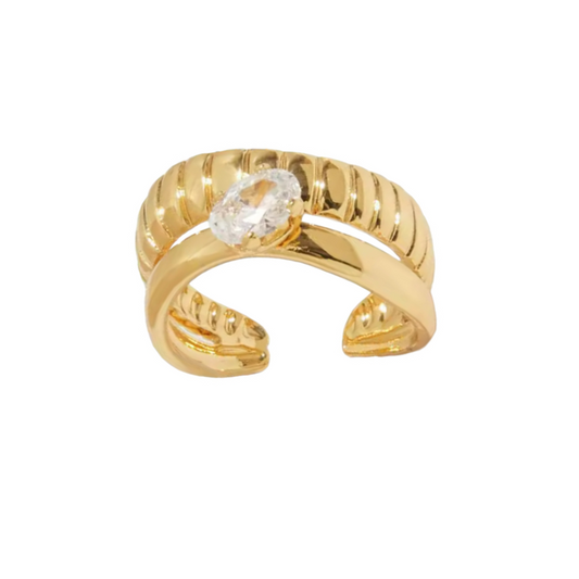 Sideways Oval Crystal Double Band Adjustable Ring - 18k Gold Plated Stainless Steel