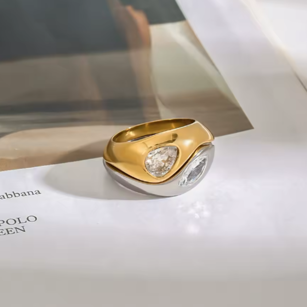 Two Tone CZ Crystal Set of Two Stacking Rings - Stainless Steel