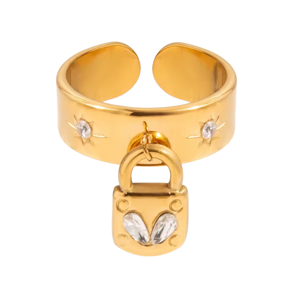 Crystal Dangling Lock Adjustable Ring - 18K Gold Plated Stainless Steel