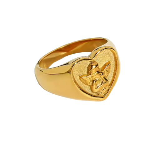 Heart Shaped Cherub Signet Ring - 18k Gold Plated 316L Stainless Steel