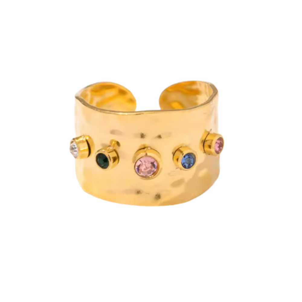 Multicolor CZ Crystal Wide Band Adjustable Ring - Stainless Steel