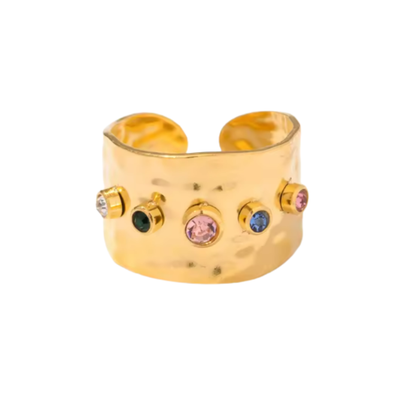 Multicolor CZ Crystal Wide Band Adjustable Ring - Stainless Steel