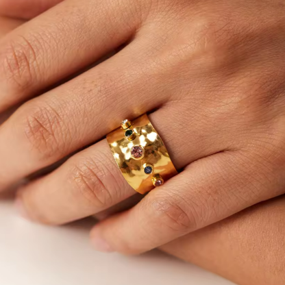 Multicolor CZ Crystal Wide Band Adjustable Ring - Stainless Steel