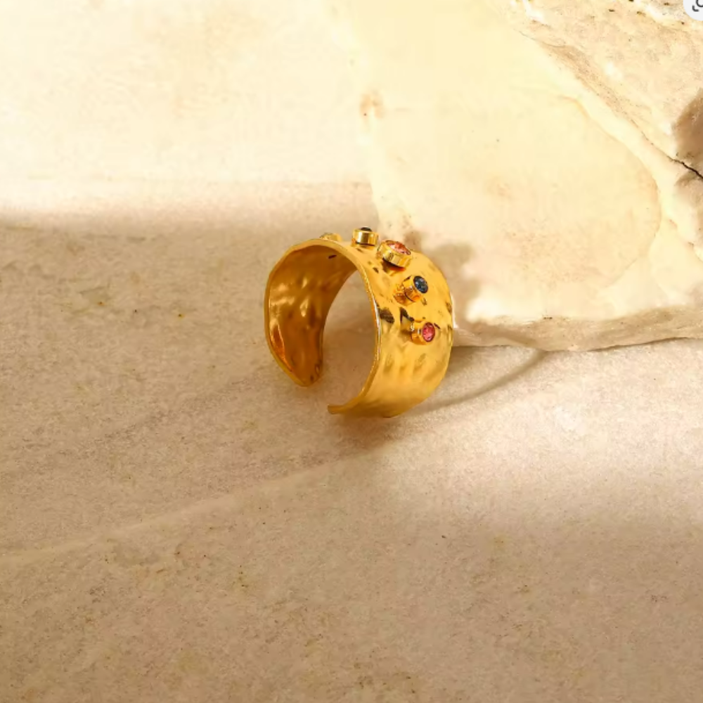 Multicolor CZ Crystal Wide Band Adjustable Ring - Stainless Steel