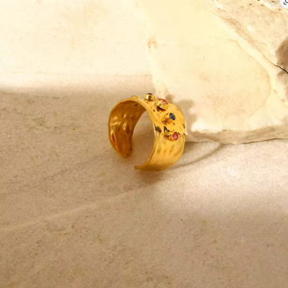 Multicolor CZ Crystal Wide Band Adjustable Ring - Stainless Steel