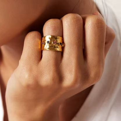 Multicolor CZ Crystal Wide Band Adjustable Ring - Stainless Steel