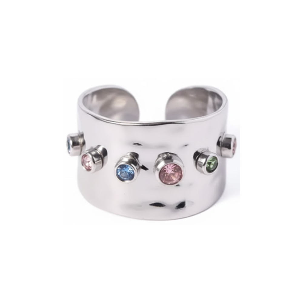 Multicolor CZ Crystal Wide Band Adjustable Ring - Stainless Steel