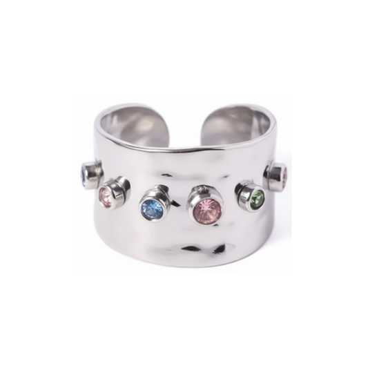 Multicolor CZ Crystal Wide Band Adjustable Ring - Stainless Steel