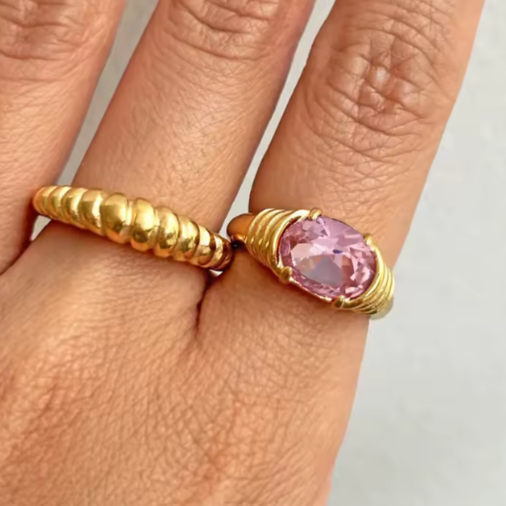 Oval CZ Crystal Ring - 18K Gold Plated Stainless Steel