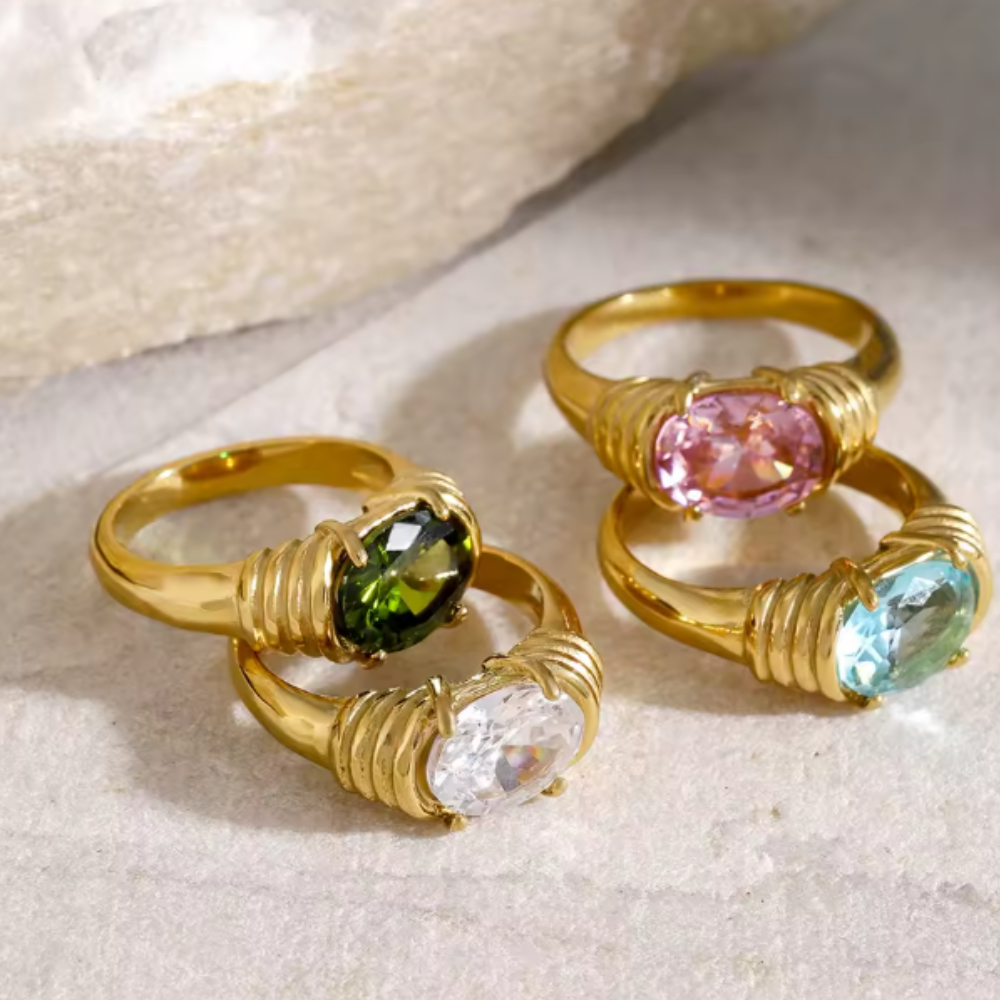 Oval CZ Crystal Ring - 18K Gold Plated Stainless Steel