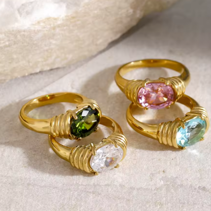 Oval CZ Crystal Ring - 18K Gold Plated Stainless Steel