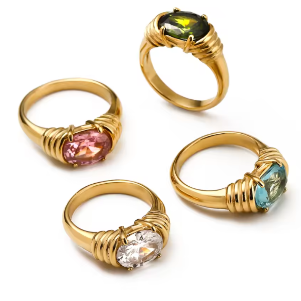 Oval CZ Crystal Ring - 18K Gold Plated Stainless Steel