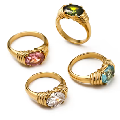 Oval CZ Crystal Ring - 18K Gold Plated Stainless Steel