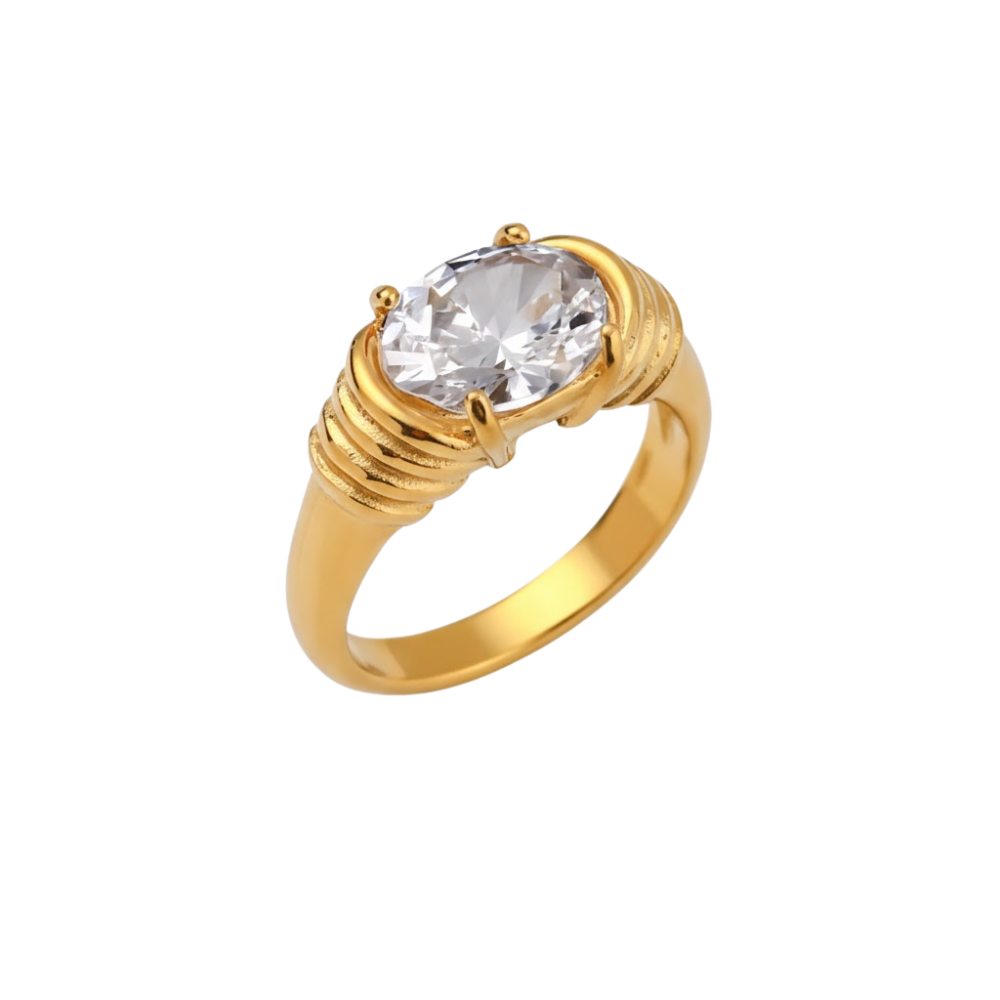 Oval CZ Crystal Ring - 18K Gold Plated Stainless Steel
