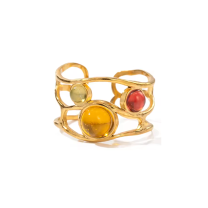 Multicolor Gem Wavy Open Adjustable Ring - 18k Gold PVD Stainless Steel