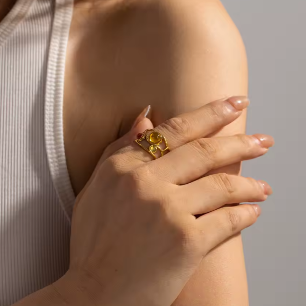 Multicolor Gem Wavy Open Adjustable Ring - 18k Gold PVD Stainless Steel