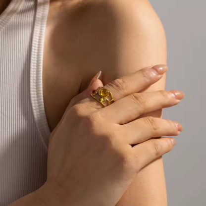 Multicolor Gem Wavy Open Adjustable Ring - 18k Gold PVD Stainless Steel