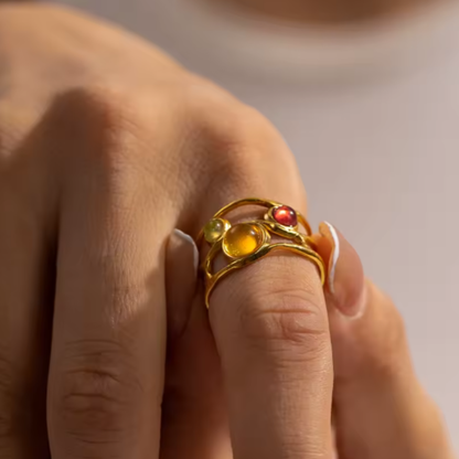Multicolor Gem Wavy Open Adjustable Ring - 18k Gold PVD Stainless Steel