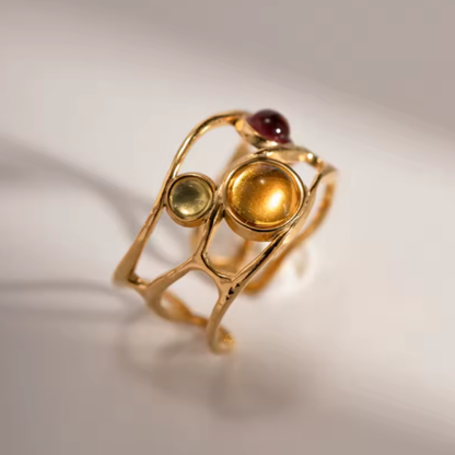 Multicolor Gem Wavy Open Adjustable Ring - 18k Gold PVD Stainless Steel