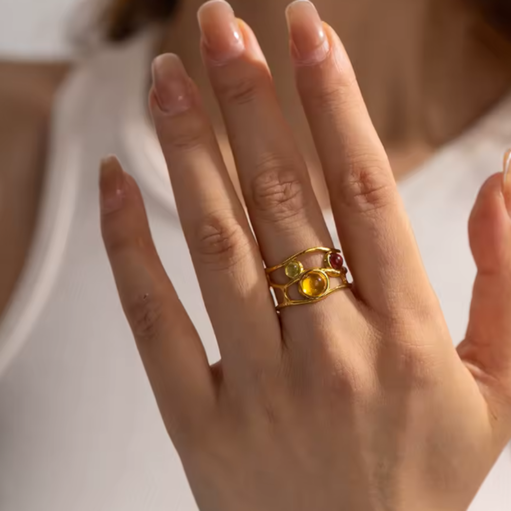 Multicolor Gem Wavy Open Adjustable Ring - 18k Gold PVD Stainless Steel