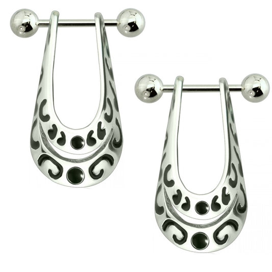 Leopard Print Oval Loop Dangling Nipple Barbells - Pair - 316L Stainless Steel