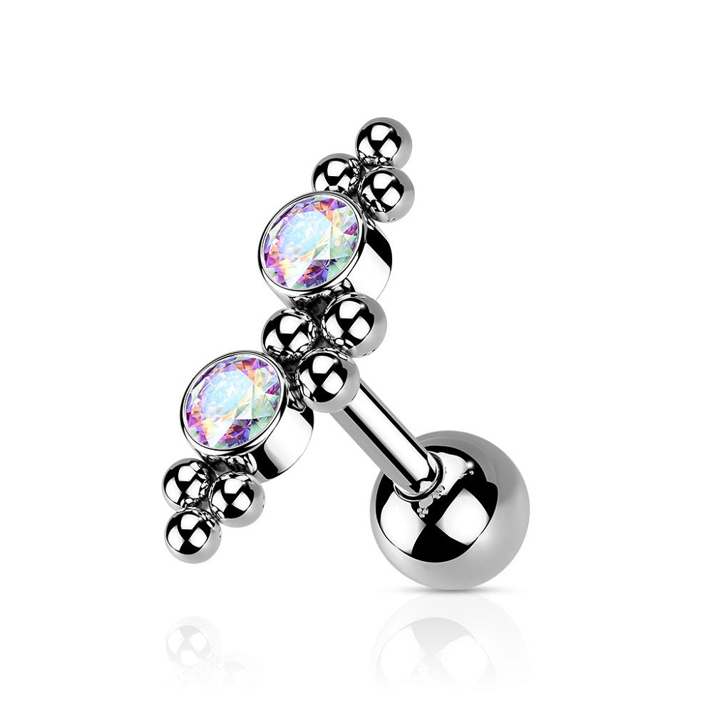 2 CZ Crystal and Ball Clusters Barbell - 316L Stainless Steel