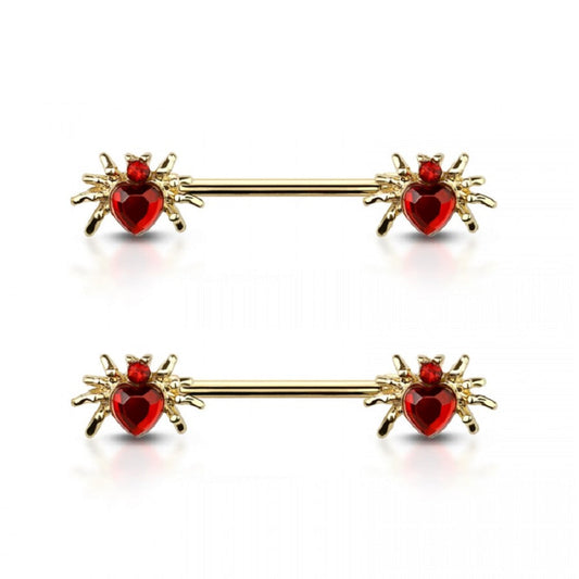 CZ Crystal Heart Spider Ends Nipple Barbells - 316L Stainless Steel - Pair