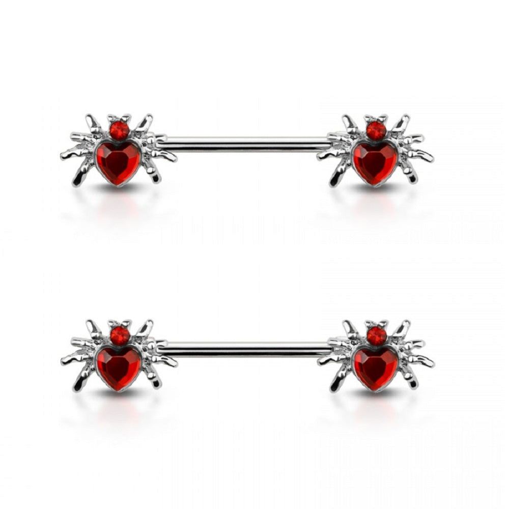 CZ Crystal Heart Spider Ends Nipple Barbells - 316L Stainless Steel - Pair