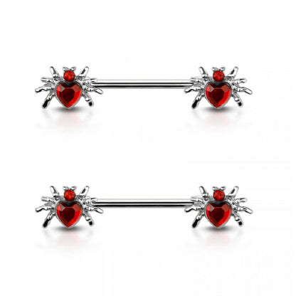 CZ Crystal Heart Spider Ends Nipple Barbells - 316L Stainless Steel - Pair