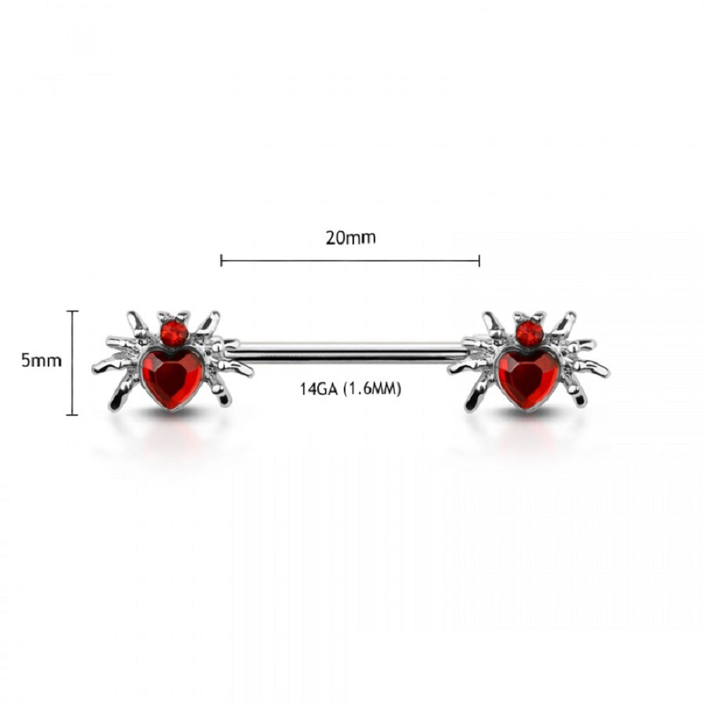 CZ Crystal Heart Spider Ends Nipple Barbells - 316L Stainless Steel - Pair