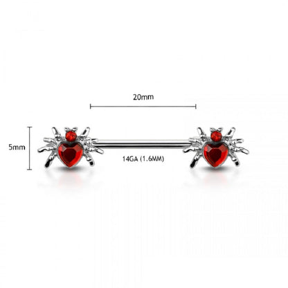 CZ Crystal Heart Spider Ends Nipple Barbells - 316L Stainless Steel - Pair